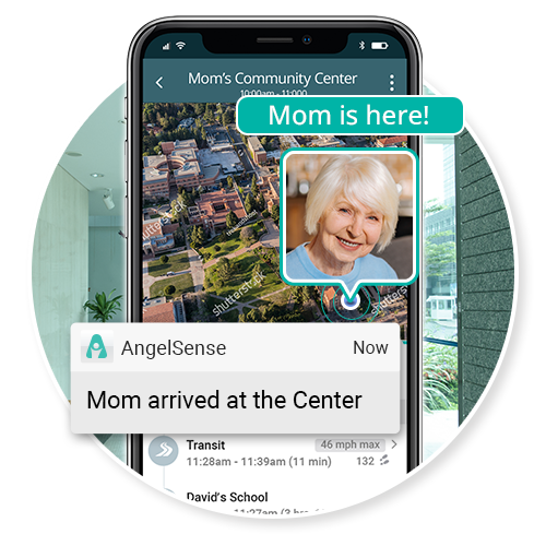 A smartphone showing AngelSense app with a 'Mom is here' notification on a map